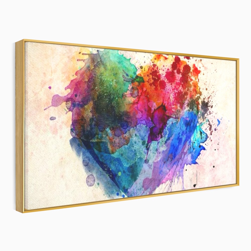 Tablou canvas cu tablou canvas cu inima colorata, in rama de aluminiu auriu
